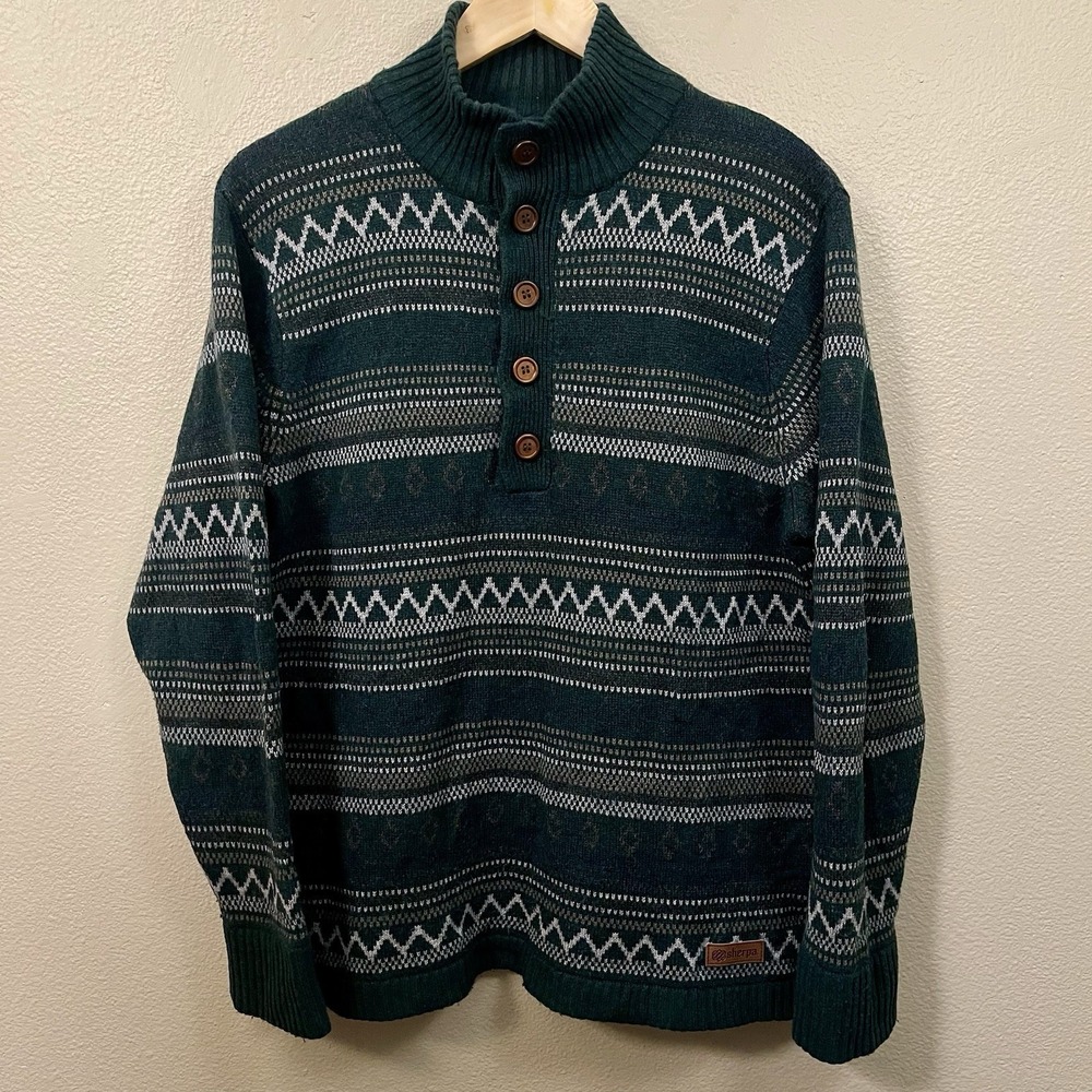 Sherpa Adventure Men's Merino Blend Sweater Striped‎ Pattern Green Buttons Sz L